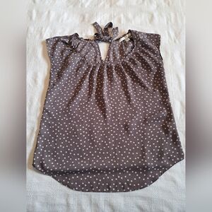 LC Lauren Conrad women's size Small taupe blouse with cream polka dots back tie